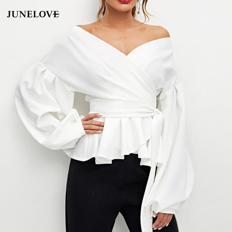 Женская Весенняя блузка JuneLove с V-образным вырезом и длинным рукавом-фонариком