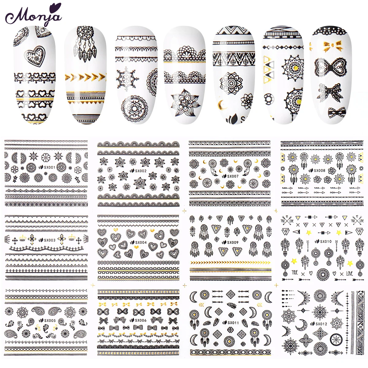 

Monja Nail Art 12 Styles/Sheet Self-adhesive Sticker Lace Flower Dream Catcher DIY Nail Tips Decoration Manicure Decals