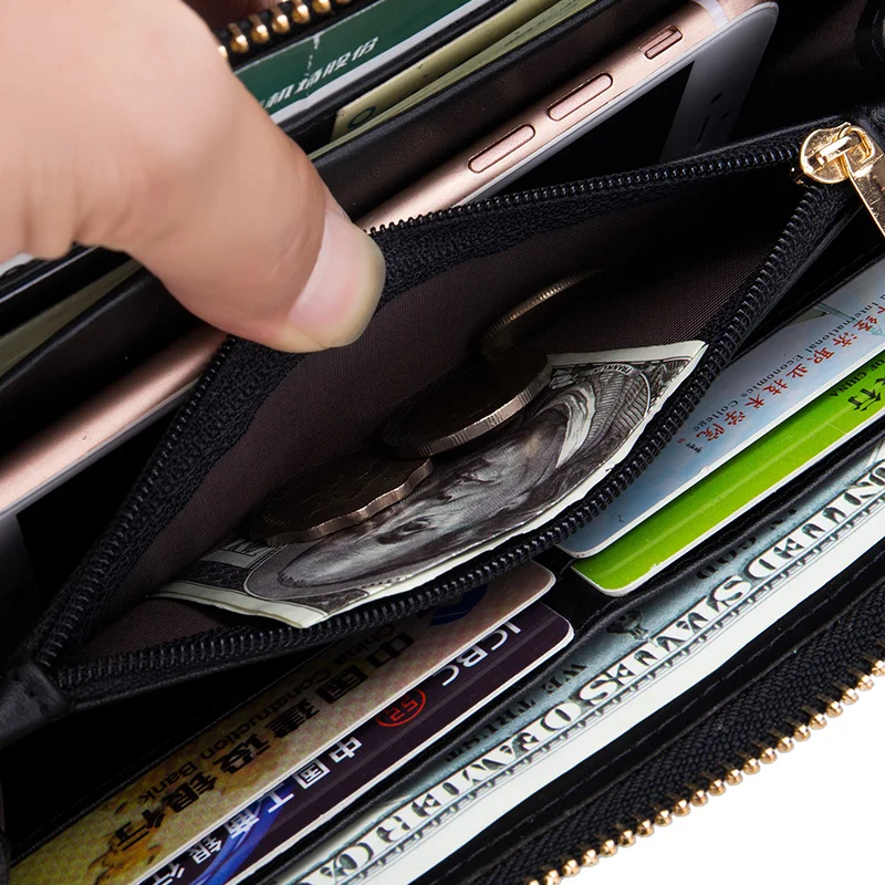Genuine Leather Women Solid Long Wallets Ladies Tassel Design Clutch Female Phone Money Bag Coin Zipper Purse Rfid Card Holder 5