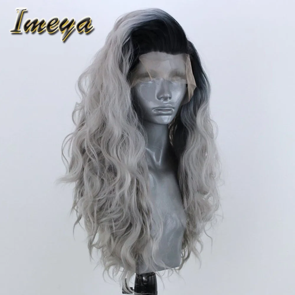 Us 31 05 31 Off Imeya Ombre Grey Hair Color Lace Front Wigs Synthetic Long Wavy Wigs Half Hand Tied Heat Resistant Fiber Wigs For Black Women In