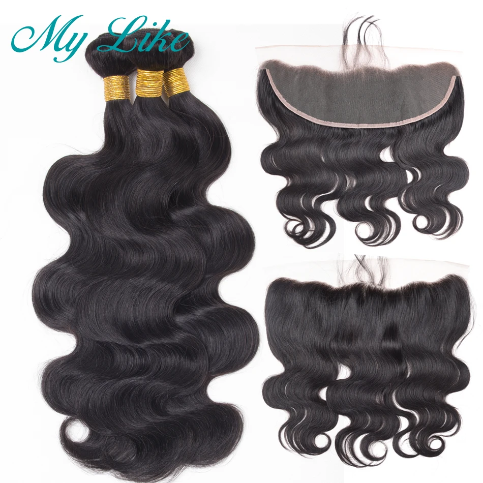 My Like Pre-Colored Indian Hair Body Wave 3 Bundles With Frontal 13x4 Lace Closure 100% Human Non-remy | Шиньоны и парики