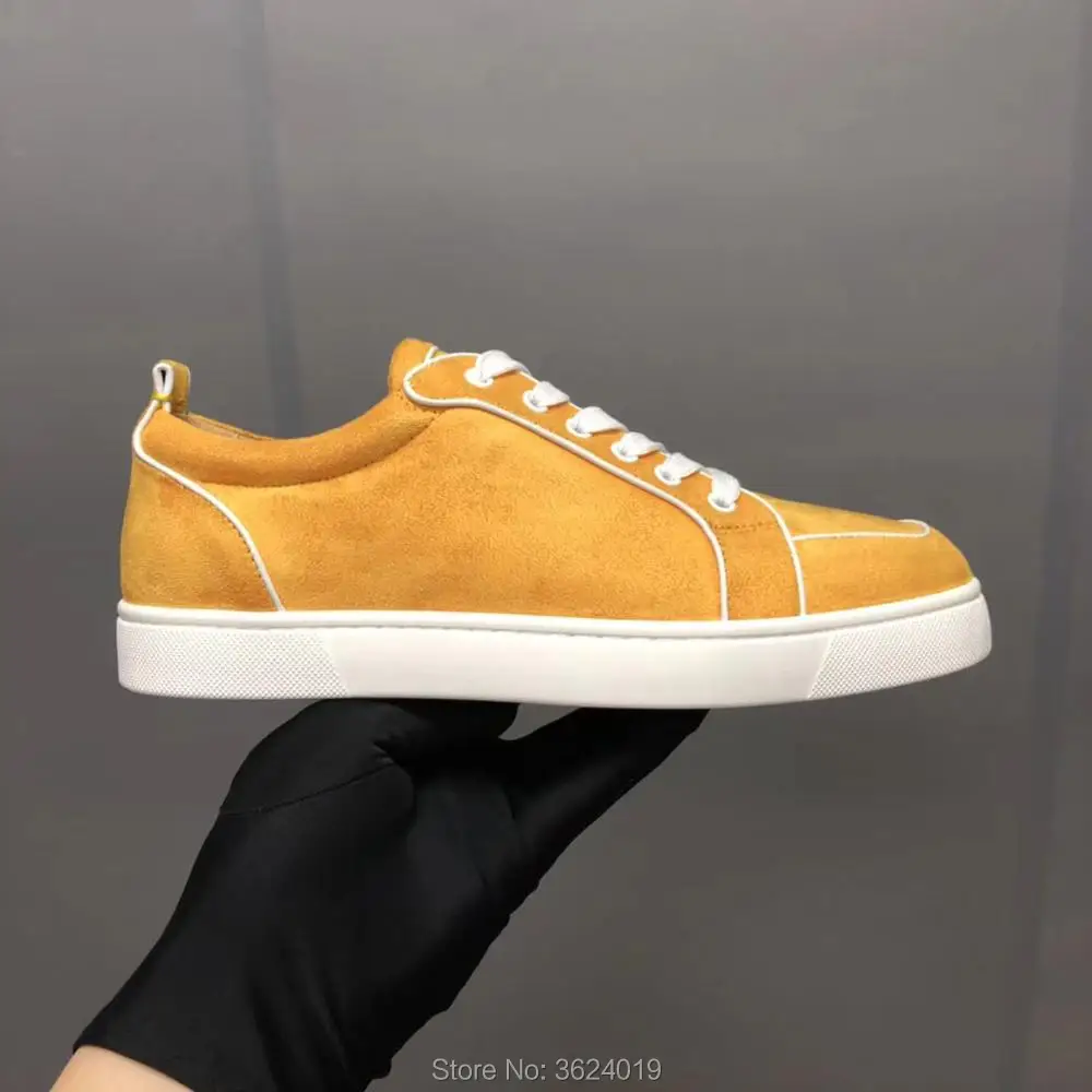 

Low-Cut shoes clandgz Men Yellow Velvet Lace-Up Without Rivet Red bottom Shoes Sneakers Leather Loafers 2018 Footwear Spring