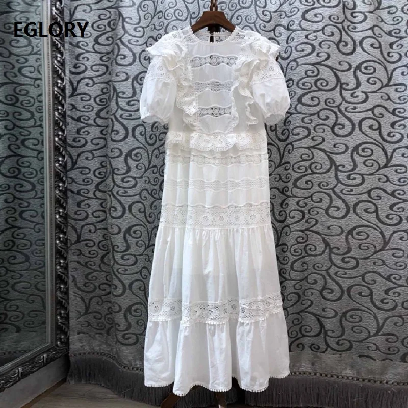 

White Black Pink Long Dress 2019 Summer Style Women Hollow Out Lace Embroidery Patchwork Ankle Long Cotton Dress Festival