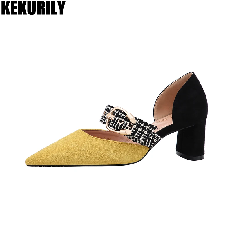 

Shoes Woman Mixed color pointed toe Pumps buckle High Heels Sandals flock slip on Slides Zapatos mujer Black yellow apricot red