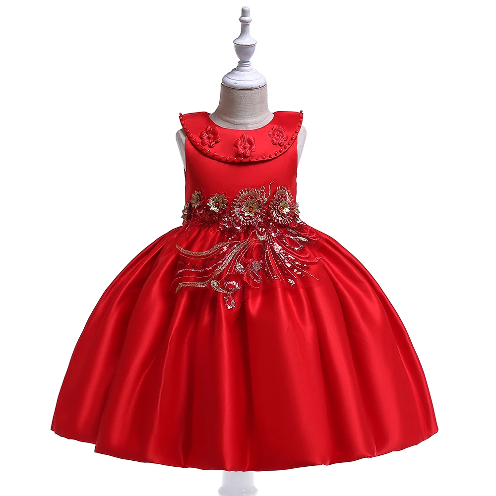 

2019 Spring Dress for Girls Ankle-Length Ball Gown Sleeveless Girls Dress Lace Cute Solid Children Dress Europe Costume Kids Red