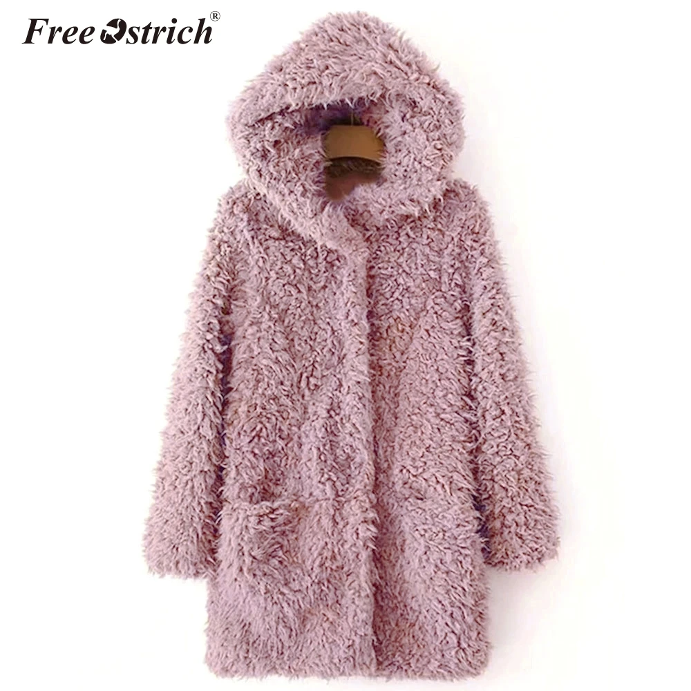 

Free Ostrich Winter Jacket Women 2019 Button Solid Pockets Hooded Faux Fur Warm Long Sleeve Jaqueta De Couro Feminino N30