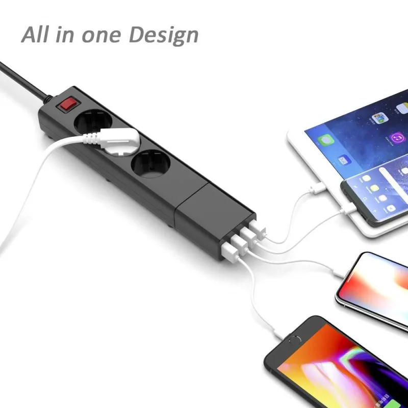 Socket strip 3 compartment with overvoltage protection and 4 USB charger, max. 4A, power strip up to 2500W / 250V / 10A loadable