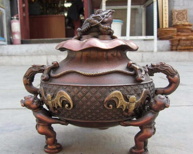 

002890 Red Copper Bronze Three Boy Bat Dragon Ear treasure bowl Incense burner Censer