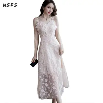 

Summer Lace Dresses Pink Spaghetti Strap Long Womens Dress Office Ladies Backless Sweet Elegant Sexy Party Midi Aline Sundress