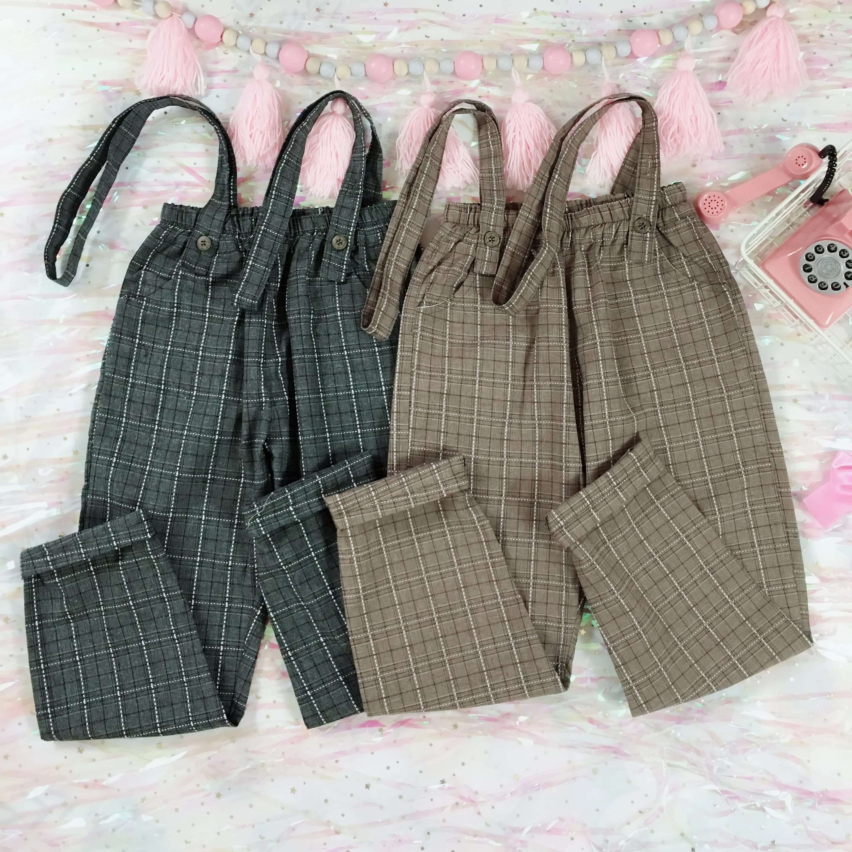 Vintage Women Jumpsuits Japanese Cute Girls' Elastic Waist Casual Plaid Overalls Backless Cotton Linen Suspender Wide Leg Pants