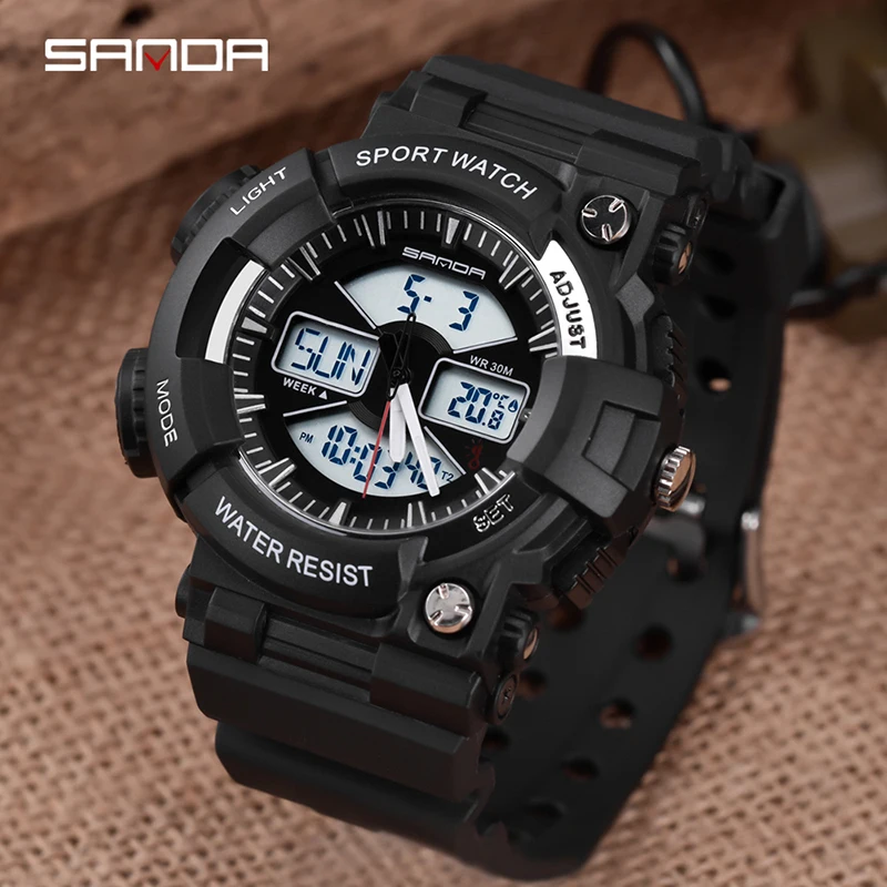 

SANDA New Fashion Men Sports Watches Temperature Measurement Quartz Analog LED Digital Clock Man Military Waterproof Watch 766