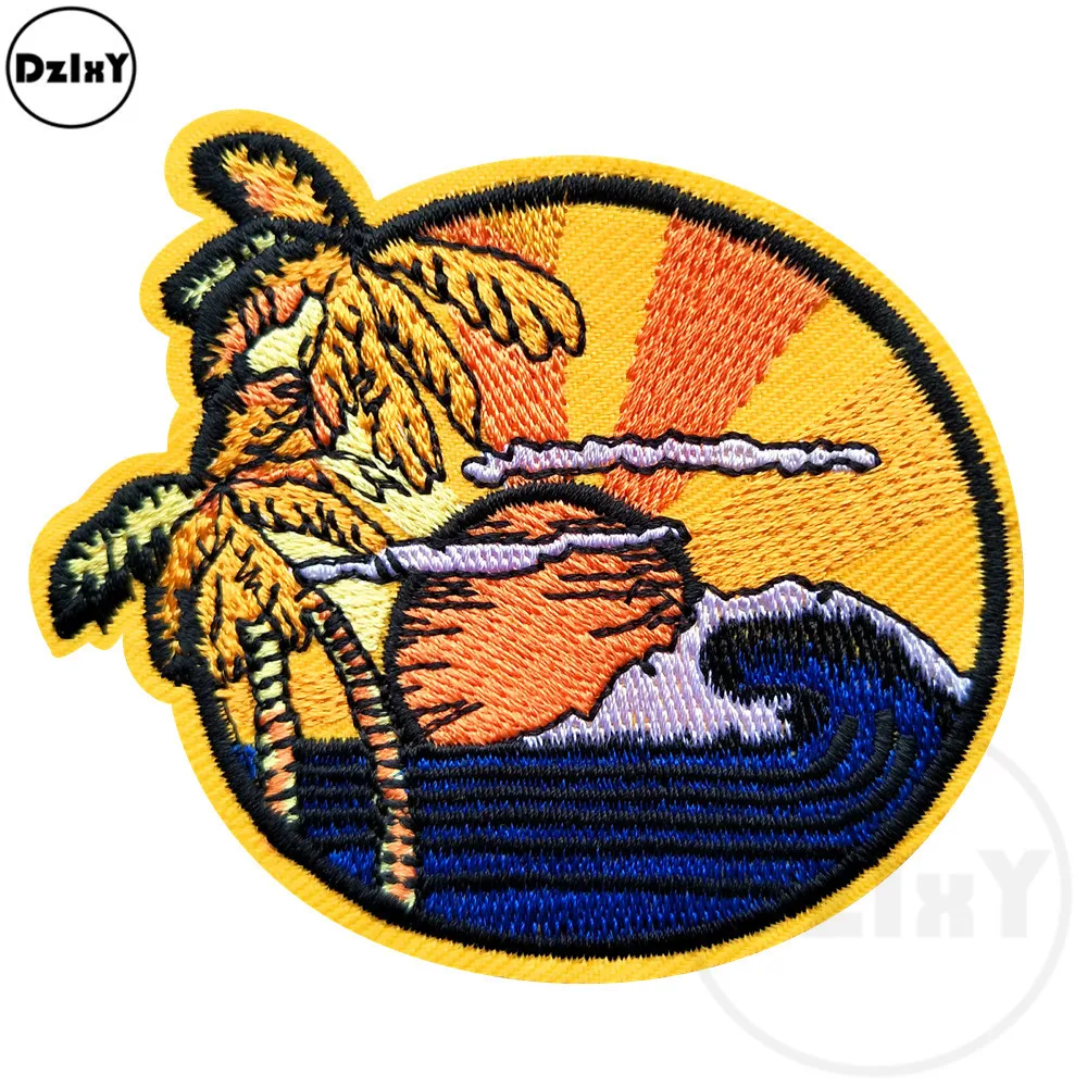 

1 PCS Sunrise at Sea Patches for Kids Iron on Embroidery Badges Appearance on Clothes Sew on Stripe Coconut Tree Appliques @F-63