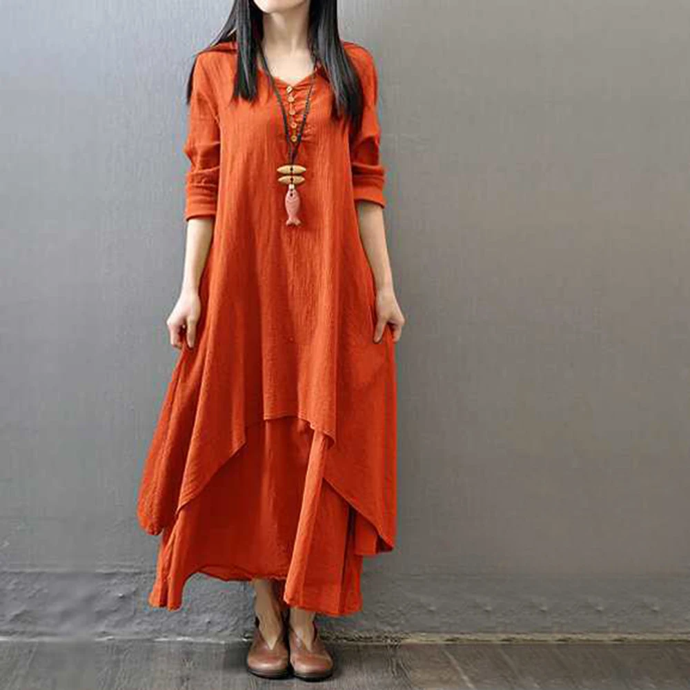 

Vintage Women Casual Loose Dress Boho Ethnic Cotton Linen Long Maxi Dress Long Sleeve V-neck Irregular Long Dress