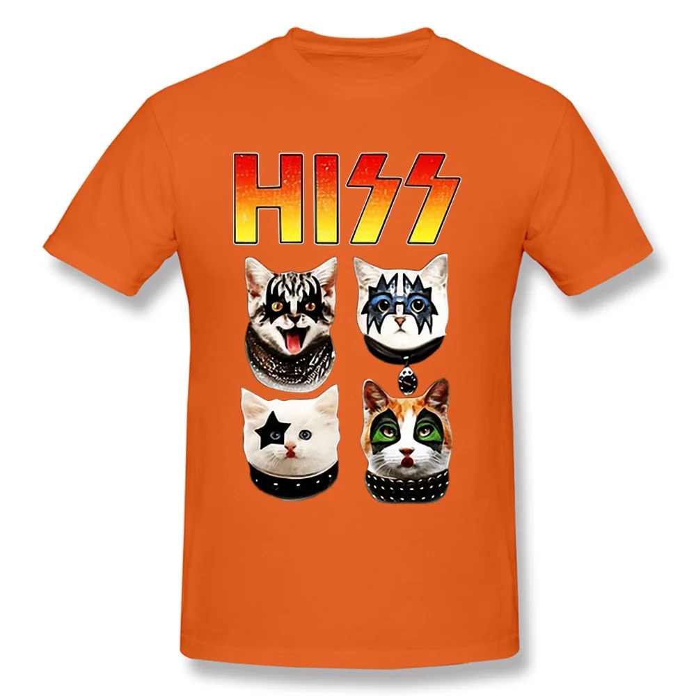KISS Hiss Cat Пародия Забавные футболки рок мяу Группа Мужская футболка хип-хоп Рок Новые Топы И Футболки Готический Высокое качество - Цвет: Orange