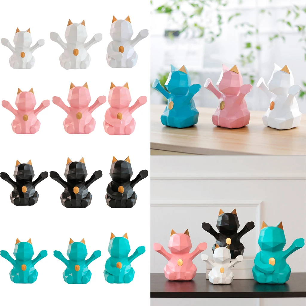 3D Abstract Art Geometric Fortune Lucky Cat Sculpture Resin Animal Statue Figurines Feng Shui Decor