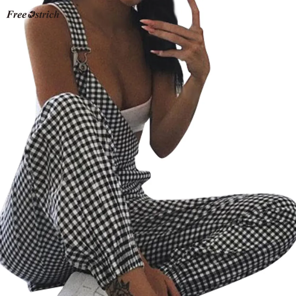 

Free Ostrich Clothes Jumpsuit Women Sleeveless Dungarees Plaid Long Playsuit Jumpsuit Pants Trousers Rompers Regular Jumpsuit