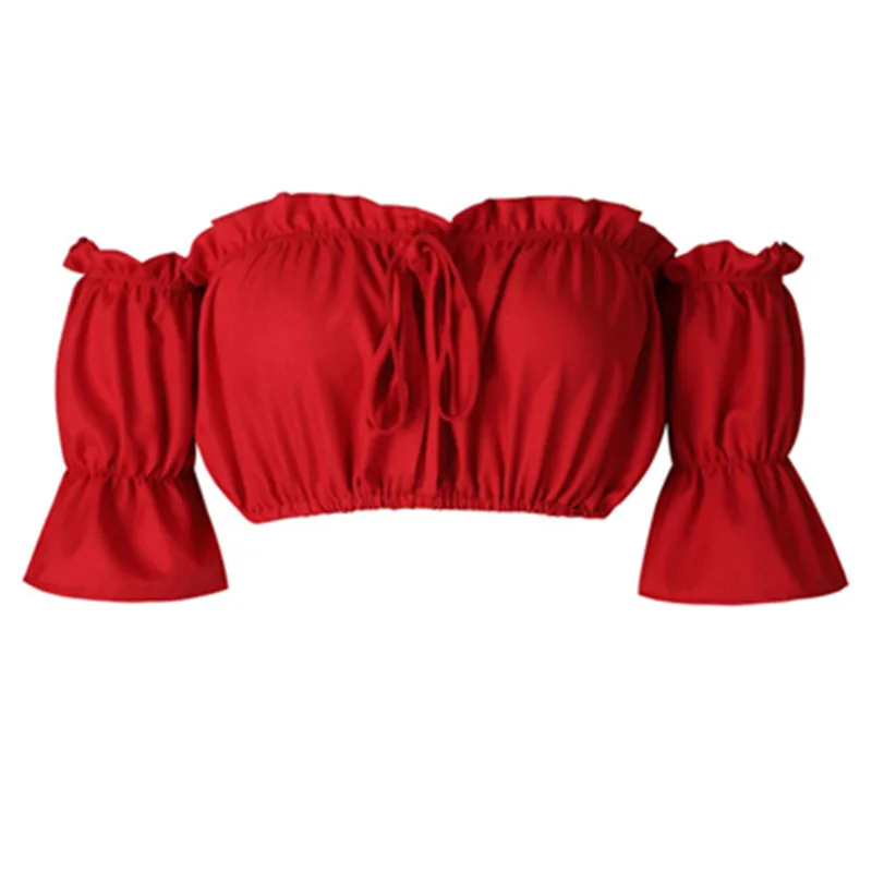 Укороченный Топ женский летний фонарик рукав сексуальный без бретелек пляжный топ одежда красный черный белый жабо бралет бандо сплошные Топы W3 - Цвет: Красный