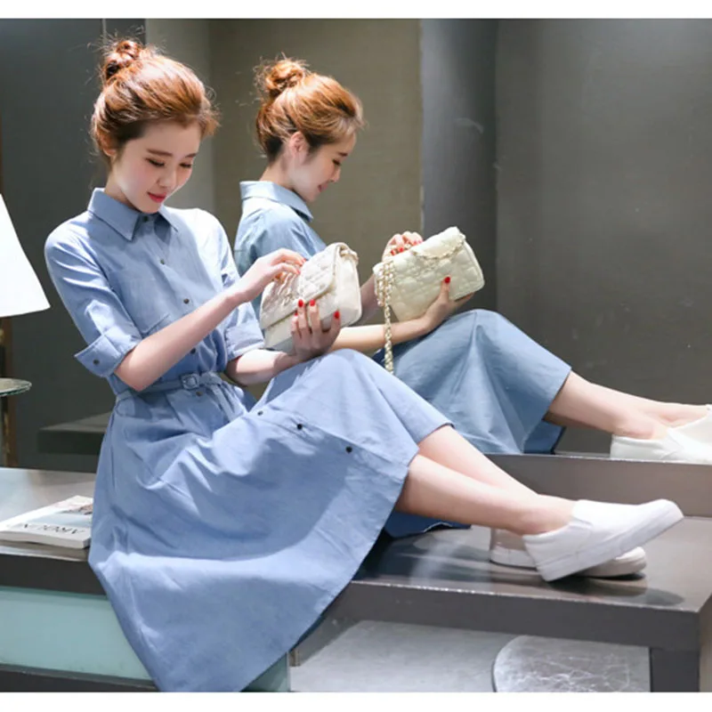  Women's clothing solid color half-sleeved belt slim denim shirt dress ladies fashion casual long section jeans dress (4)