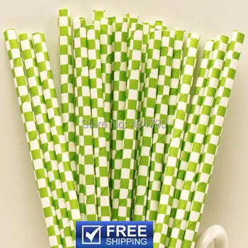 

200pcs Lime Green Checker Paper Drinking Straws,Wedding Bachelorette Cake Pop Sticks,Checkered Party Supplies Decorations