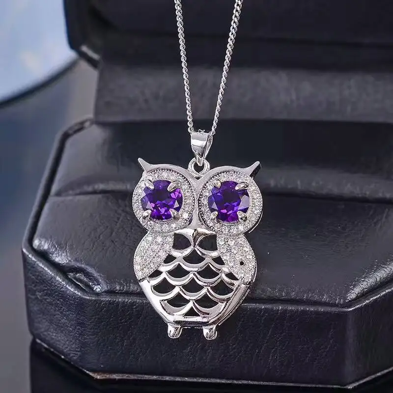Cute owl necklace pendant inlay with 6mm natural amethyst pendant solid 925 silver owl fashion silver for girl
