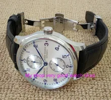 43MM PARNIS Butterfly buckle Automatic Self-Wind movement Silvery- white dial power reserve men’s watch Black Leather Strap