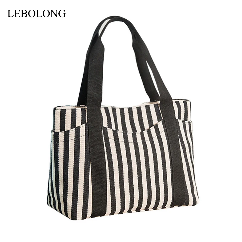 

2019 New Striped Canvas Handbag Women Shoulder Bags Beach Bag Fashion Zipper Women Handbag Big Tote Bag Trendy Shoulder Bags