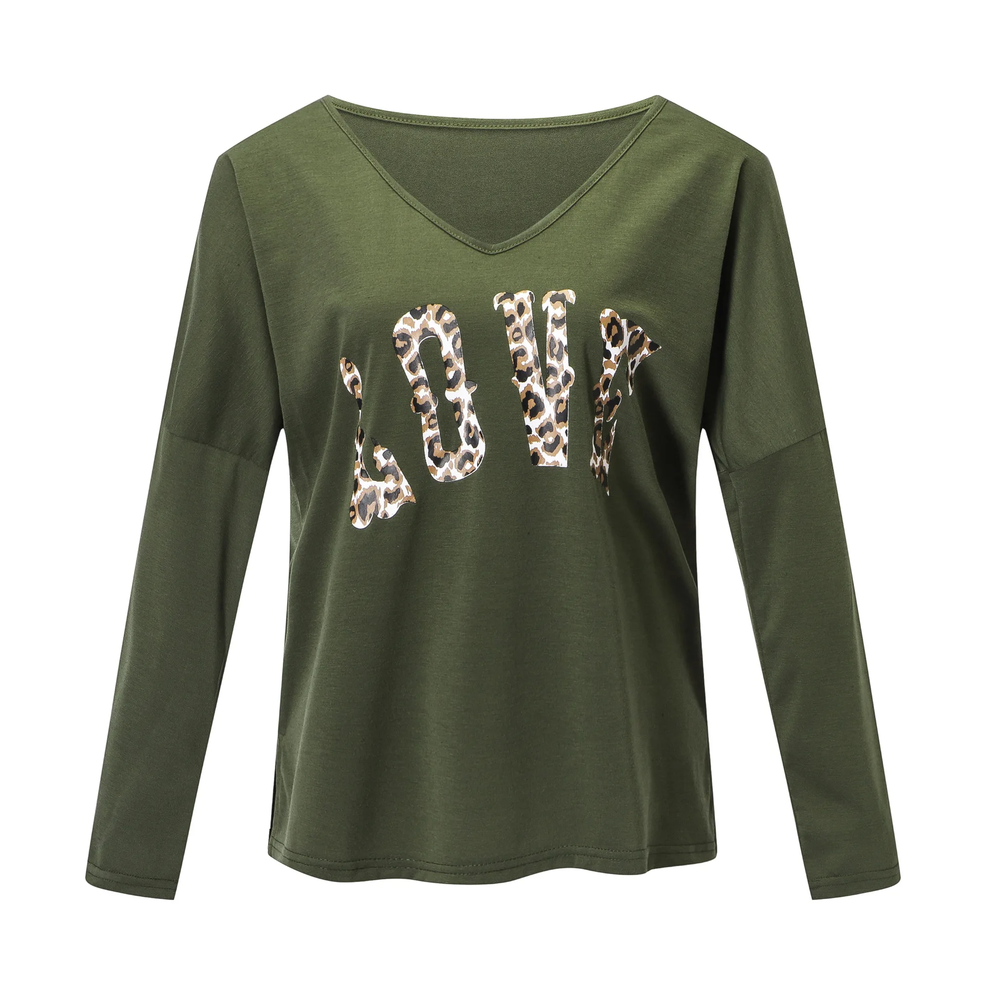 Новинка, Модные леопардовые футболки с буквенным принтом, Женские топы с v-образным вырезом, повседневные свободные пуловеры с длинными рукавами, рубашки, осень, SJ820U - Цвет: Армейский зеленый