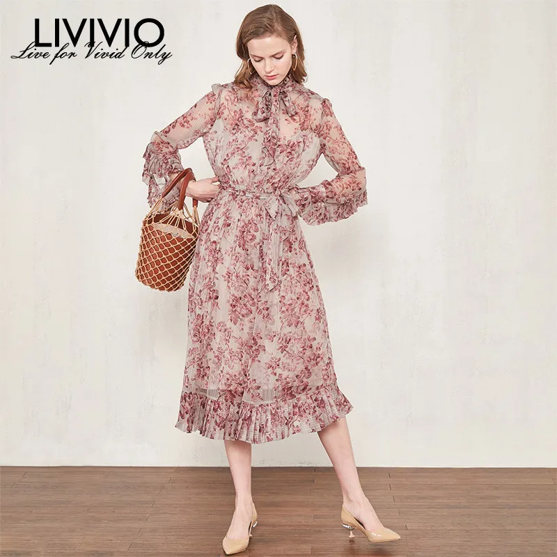 [LIVIVIO] Boho Цветочный Принт женское платье со стоячим кружевом и рюшами прерия шик