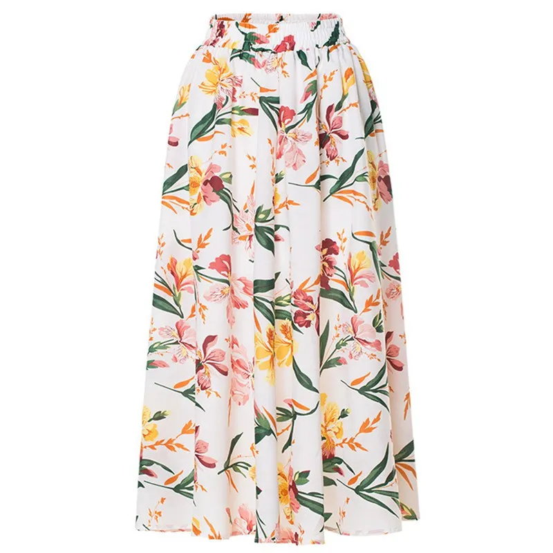 Женская мода цветочный принт Длинные юбки для дам Boho Стиль Эластичный Высокая талия плиссированные пляжные юбки для женщин Saias сезон: весна-лето SK317 - Цвет: Белый