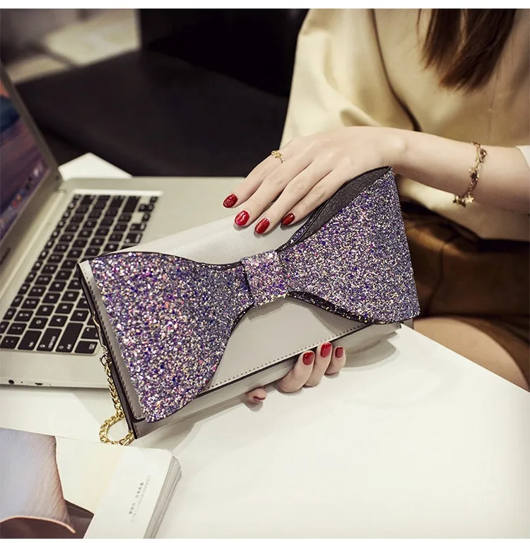 Fashion Bow Women clutch Sparkling luxury lady evening bags chain messenger bag for female Shoulder bag Women's Clutches  (22)