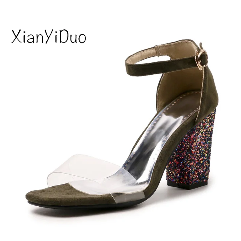 

XianYiDuo 2018 Sexy Summer Women's open toe med high heels cover shoes Sandals Bling Ankle-Wrap Big Size 34-52/201