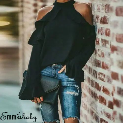

Women Summer Tops Long Sleeve Solid Plus Size Sexy Cold Shoulder T Shirt