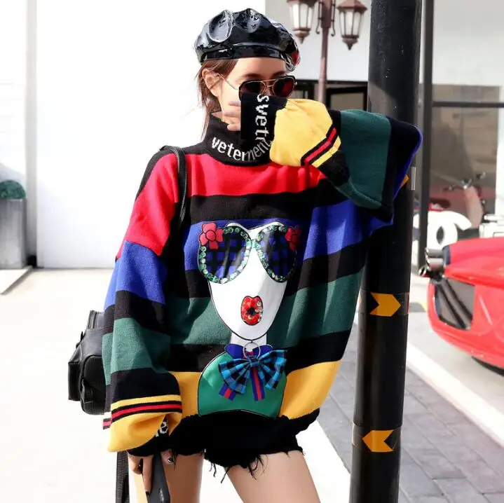 

Featured English Embroidery Sequins High Collar Contrast Color Striped Puff Sleeve Loose Large Size Hip Hop Knitwear Wom
