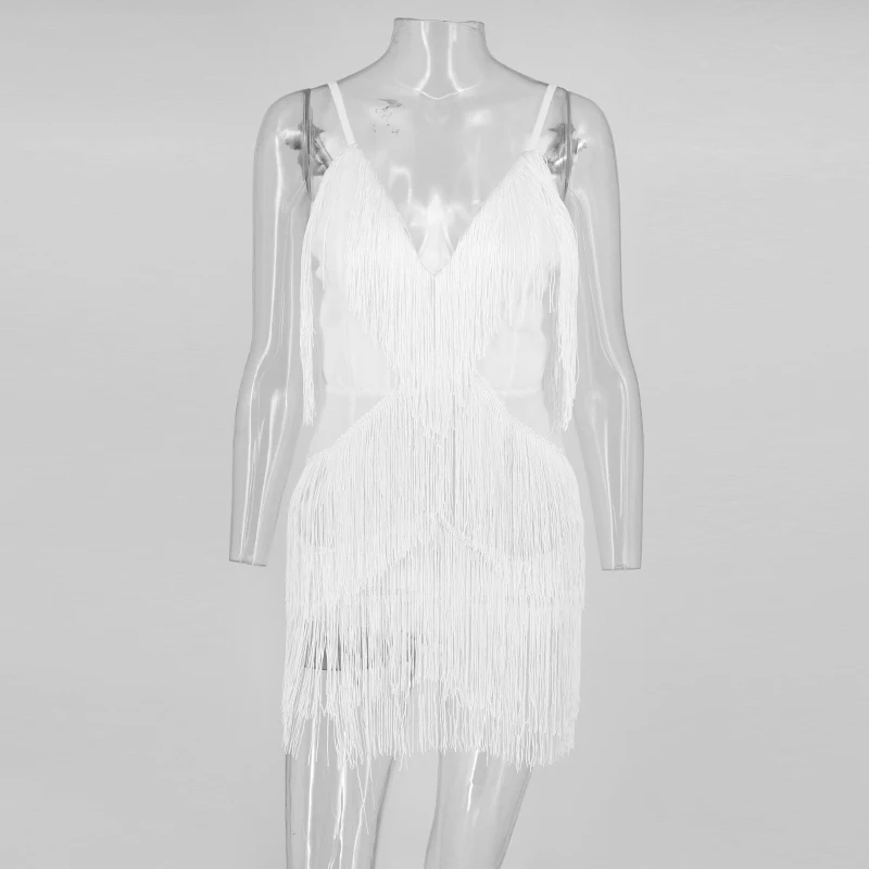 Tobinoone Black Solid Sleeveless Tassel Slim Women Dress 2018 Deep V Neck Tiered Fringe Summer Dress Sexy Bodycon Party Dress