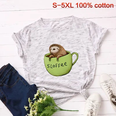 S-5XL, Милая женская футболка с рисунком Ленивца, хлопок, забавная футболка с круглым вырезом и короткими рукавами, мягкая женская футболка с рисунком животных - Цвет: marble white
