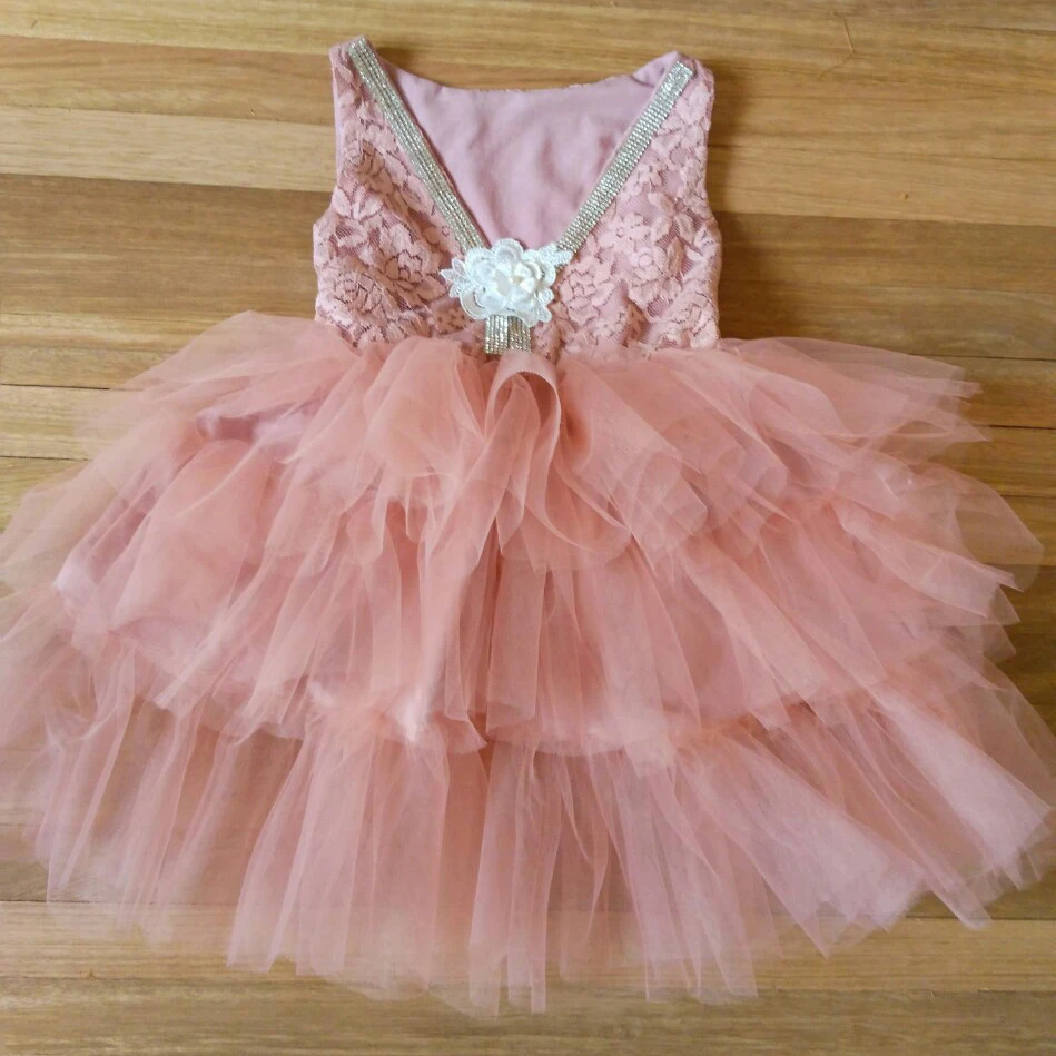 

2018 Lace V back Dresses for Girls Princess Pink Tulle Puffy Dress For Wedding Vintage Boutique Stone Costume 5ps/lot 18PHW0057