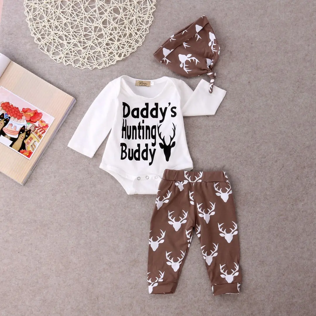 Newborn Baby Boys Clothes Deer Tops Bodysuits Pants 3pcs Hat Baby Boy