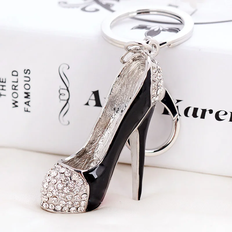 High heel shoes key chains rhinestone car key rings silver plated women