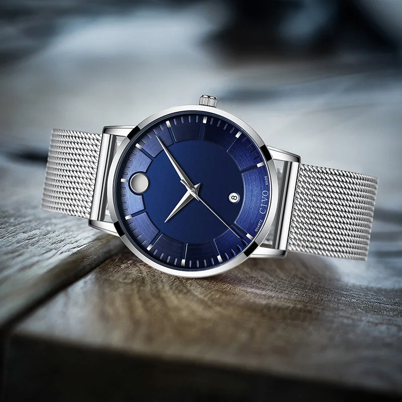 

CIVO Top Brand Quartz Watch For Men Waterproof Steel Mesh Strap Watches Sliver Minimalism Hand Clocks For Men Wristwatch Clock