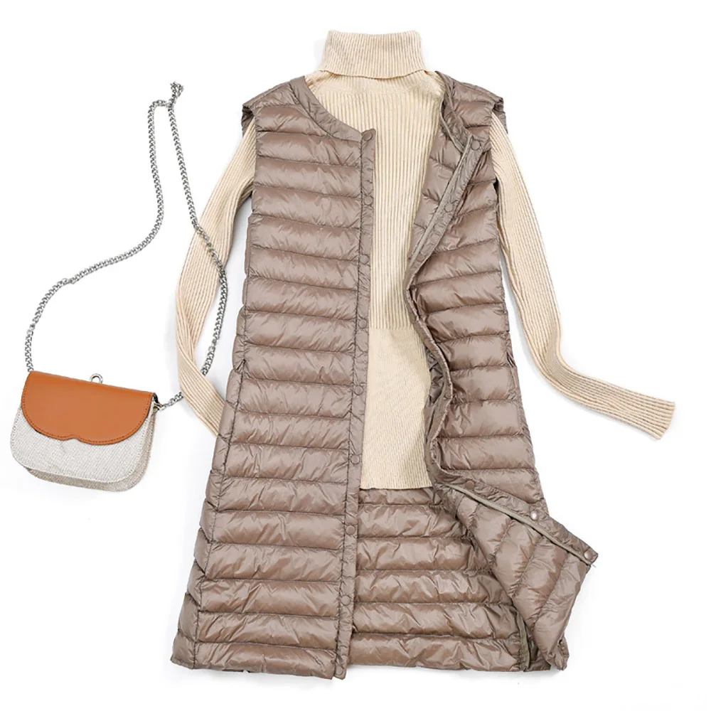 Winter Women's Warm Waistcoat Long Vests Ultra Light White Duck Down Vest Sleeveless Jacket Coat Round Collar Autumn Plus Size