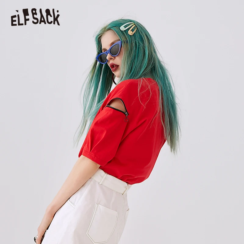Женские хлопковые топы с молнией ELF SACK красная уличная женская футболка