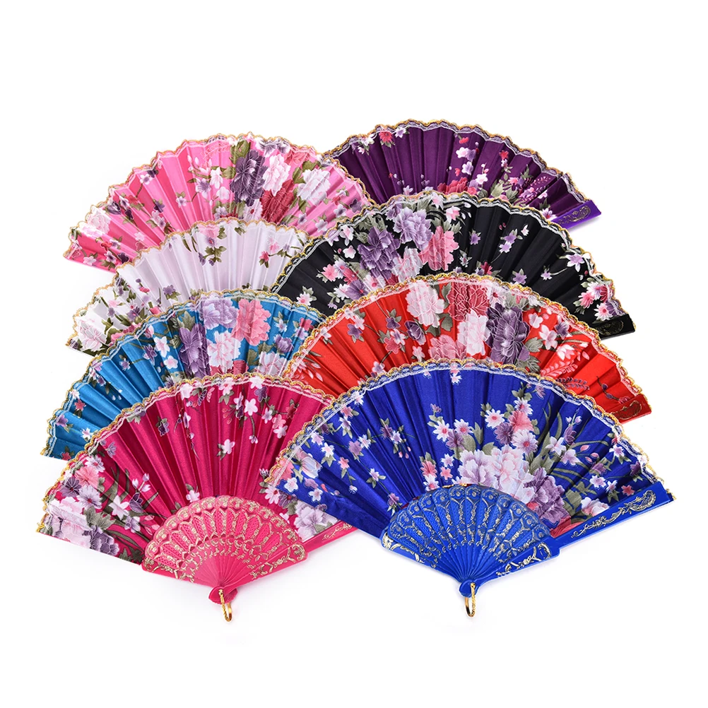 Chinese Vintage Fancy Folding Fan Hand Plastic Lace Silk Flower Dance Fans Party Supplies For Women Gift 8 Colors