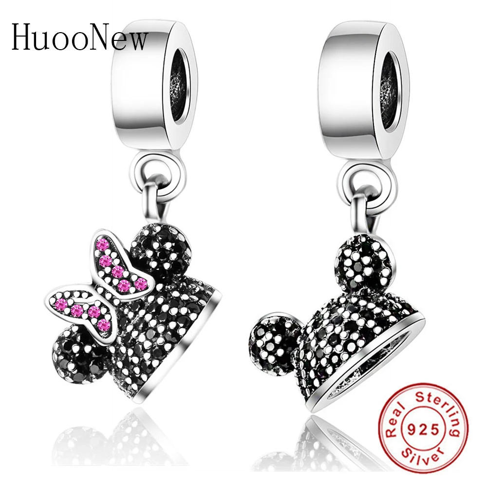 

Pink Bow Black Zircon Mickey Minnie Hat Pendant Bead Fit Original Pandora Charms Bracelet Dangle 925 Sterling Silver Jewelry DIY