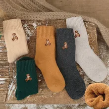 Женские носки из кроличьей шерсти, японские теплые женские носки средней длины с плюшевой подкладкой, осенне-зимние шерстяные одноцветные носки с медвежонком