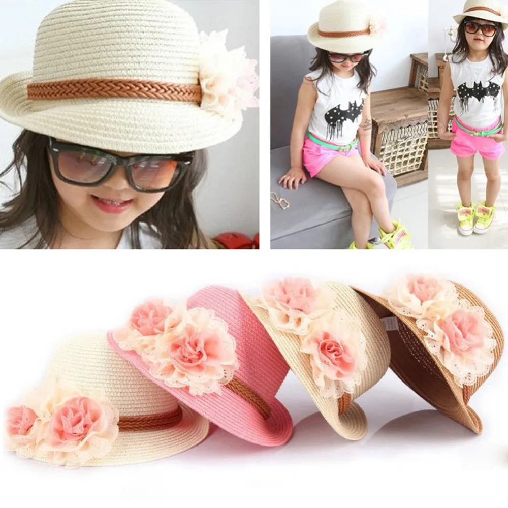 Детская шляпа для девочек, детская соломенная шляпа с бантом и цветами для девочек, летняя пляжная шляпа с широкими полями, милые модные соломенные кепки