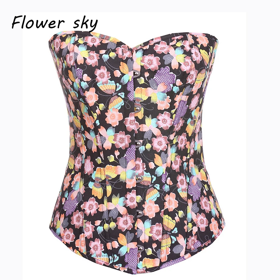 Womens Vintage Floral Pattern Overbust Corset Fancy Bustier Top Gothic