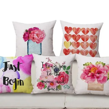 

Free Shipping Watercolor flowers Linen Cotton Cushion Heart Home Decor Pillow Decorative Sofa Throw Pillows Pillowsham