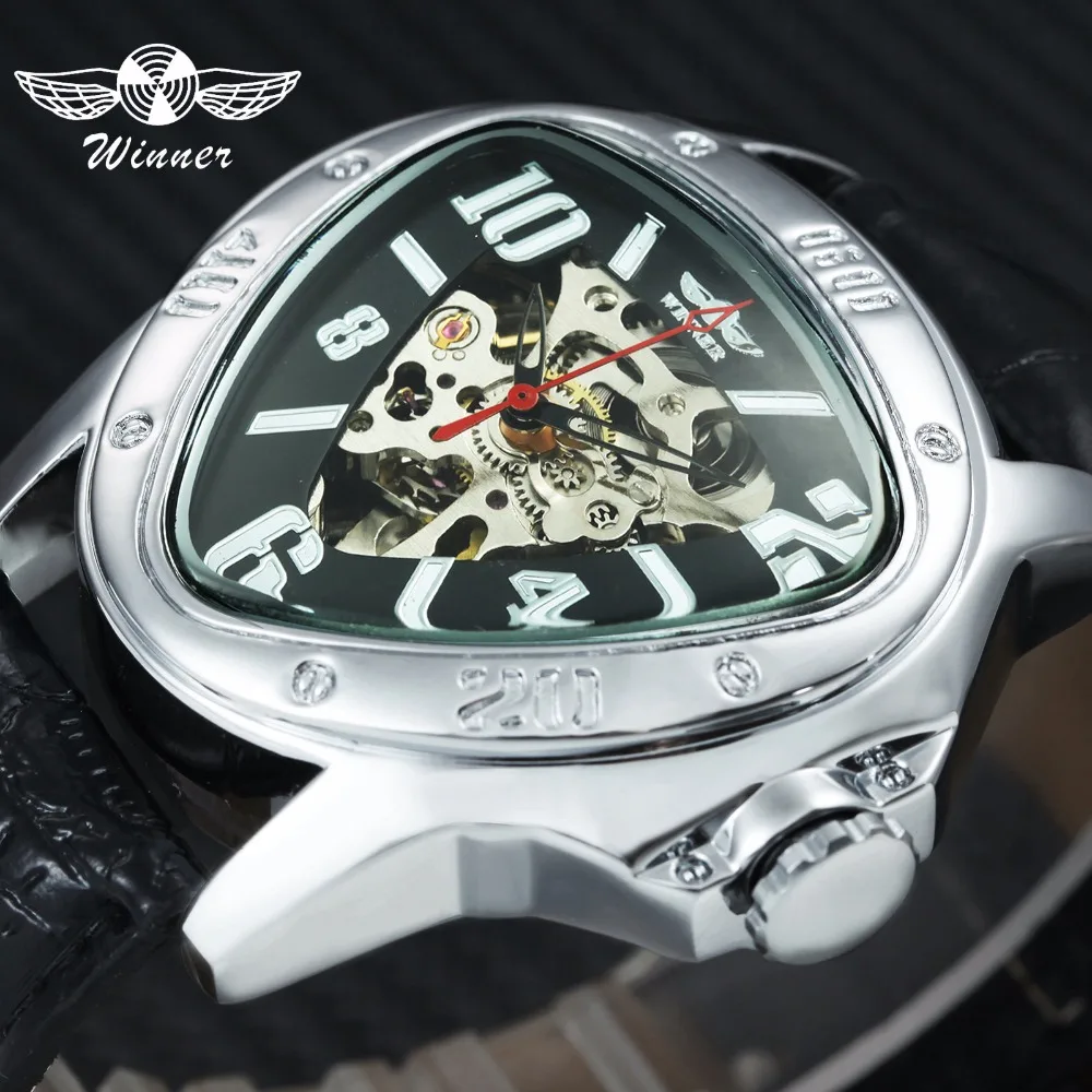 

WINNER Fashion Sports Automatic Mechanical Watch Men Leather Strap Skeleton Triangle Dial Creative Chic Man Wristwatches 2019