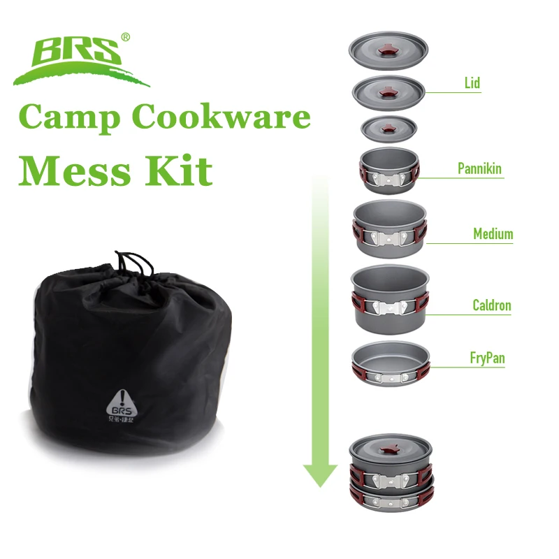 BRS-155 Portable Camping Cookware Mess Kit Cookset Hiking Backpacking Gear Pot Pan Bowls With Nylon Bag Outdoor Cook Equipment