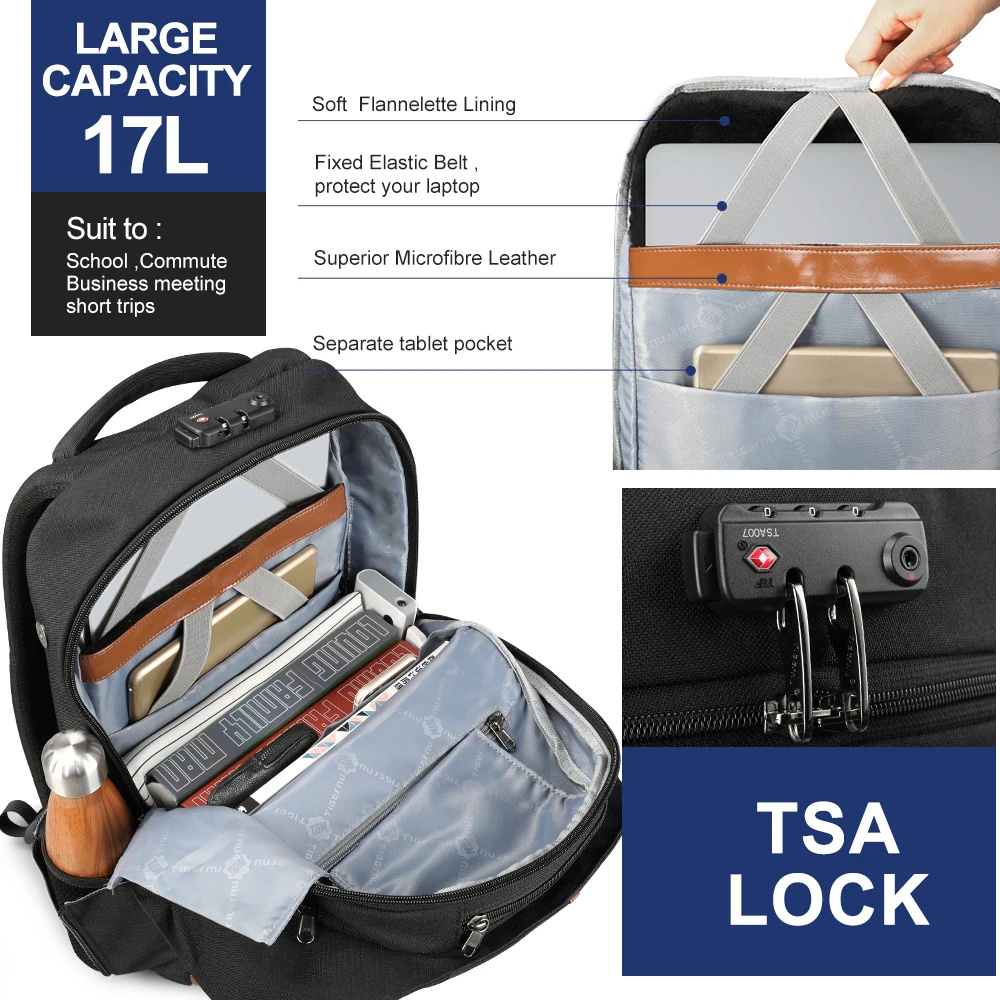  Tigernu Anti Theft Patented Zipper TSA Lock No Key Design Men USB 15.6 inch Laptop Backpacks School